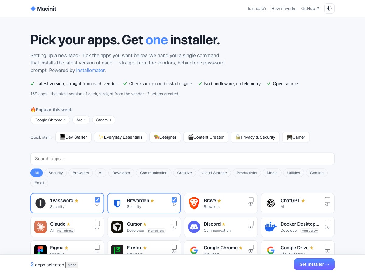 Macinit app catalog for building a one-line macOS installer