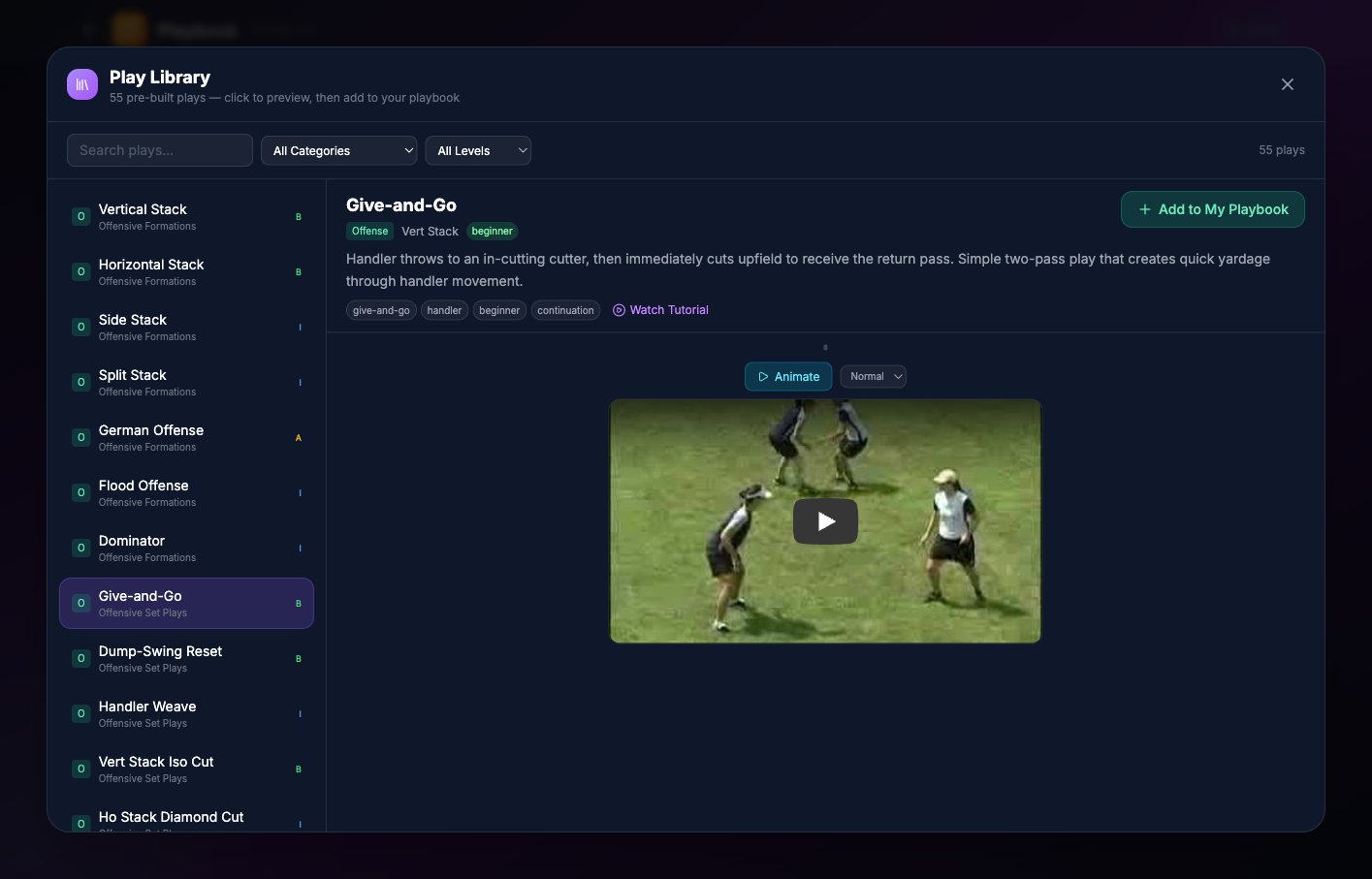 UltiStats play library showing an animated ultimate frisbee playbook